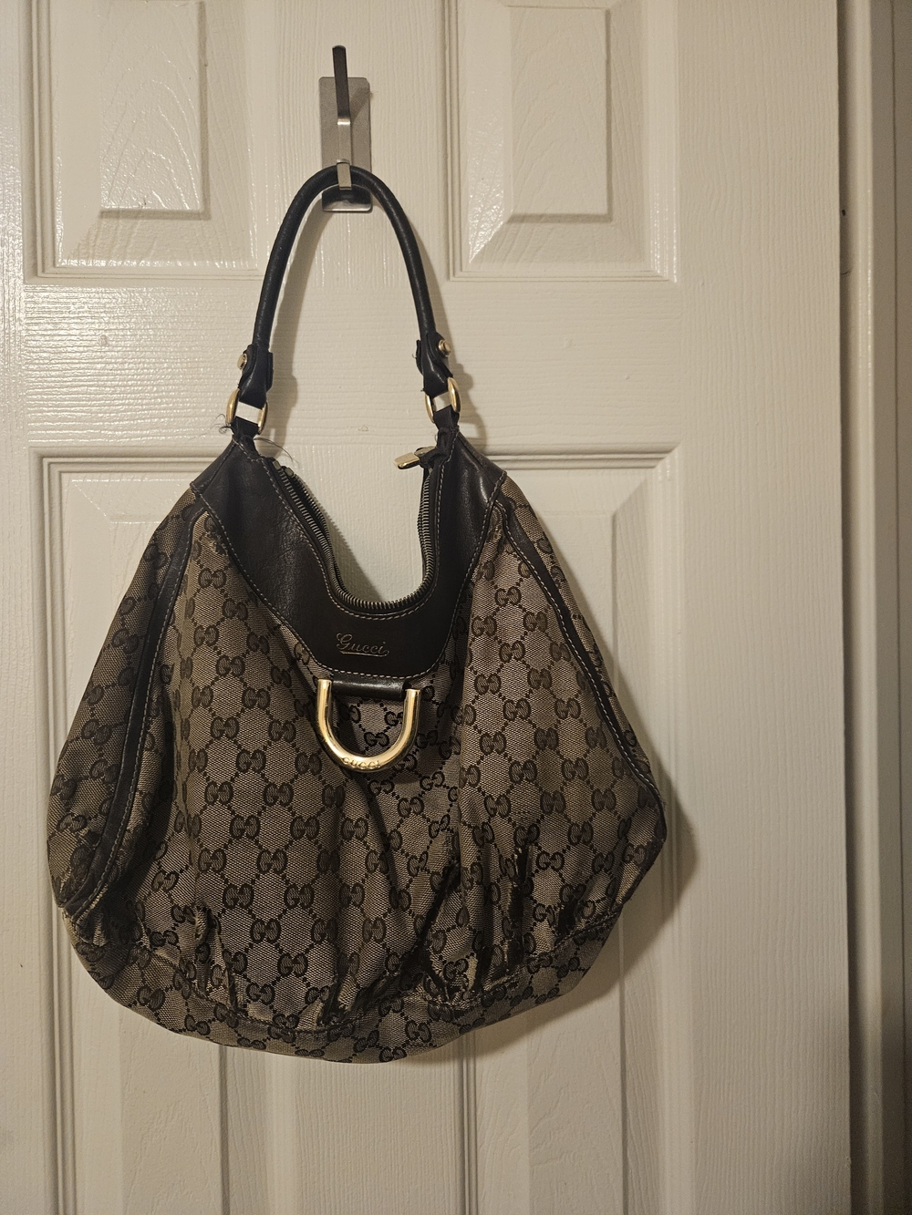 Gucci Brown GG Supreme Hobo with Dark Brown Leather & Gold Hardware